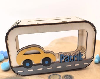 Auto spaarpot gepersonaliseerd met naam in gewenste kleuren, spaarpot, spaarpot, geldcadeau, cadeau voor geboorte, doop, verjaardag
