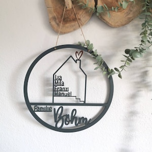 Haus mit Namen, Holzhaus personalisiert, Holz personalisierte Deko Wand Einzug, Türkranz, Türschild Familie, Geburtstagsgeschenk Hochzeit