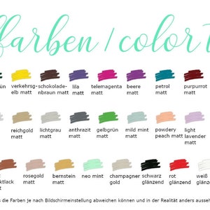 Pu&ograve; includere: Una tabella di 36 campioni di colore con nomi e descrizioni in tedesco e inglese. I colori sono disposti in tre righe di 12 campioni ciascuna. I colori includono nero, rosso, blu, verde, marrone, viola, rosa, giallo, beige, grigio, bianco e turchese. Il testo in alto sulla tabella dice "Trendfarben / color trends".