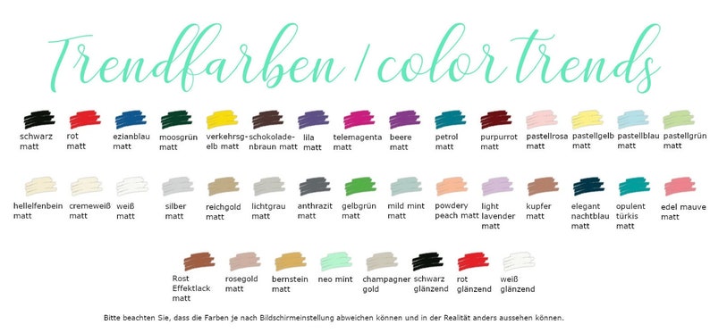 Pu&ograve; includere: Una tabella di 36 campioni di colore con nomi e descrizioni in tedesco e inglese. I colori sono disposti in tre righe di 12 campioni ciascuna. I colori includono nero, rosso, blu, verde, marrone, viola, rosa, giallo, beige, grigio, bianco e turchese. Il testo in alto sulla tabella dice "Trendfarben / color trends".