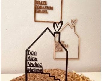 Personalized wooden house with name, 6 mm wood personalized wall decoration, housewarming gift, family door sign, birthday gift, wedding gift