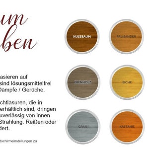 May include: A chart of wood stain colors with names in German. The colors include:  Nussbaum, Palisander, Teak, Weiss,  Benholz, Eiche, Eiche Hell, Farblos,  Grail, Hastane, Kiefer, and Mahagoni.