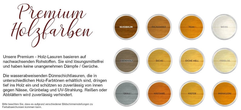 May include: A chart of wood stain colors with names in German. The colors include:  Nussbaum, Palisander, Teak, Weiss,  Benholz, Eiche, Eiche Hell, Farblos,  Grail, Hastane, Kiefer, and Mahagoni.