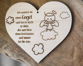 Guardian angel heart angel gift for communion baptism, wooden cross, birth, gift idea baby child, desired color & text, gift tag