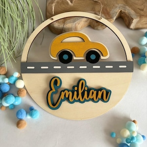 Targhetta con nome personalizzata nei colori desiderati, targa per porta, targa in legno bambini bebè, regalo nascita battesimo compleanno, auto, figlioccio