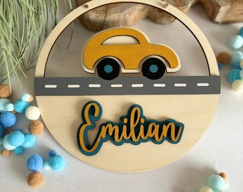 Personalisiertes Namensschild in Wunschfarben, Türschild, Holzschild Kinder Baby, Geschenk Geburt Taufe Geburtstag, Auto, Patenkind