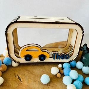 Hucha de coche personalizada con nombre en los colores deseados, hucha, alcancía, regalo de dinero, regalo para nacimiento, bautismo, cumpleaños