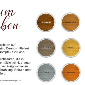 May include: A chart of wood stain colors with names in German. The colors include:  Nussbaum, Palisander, Teak, Weiss, Ebenholz, Eiche, Eiche Hell, Farblos, Grau, Kastanie, Kiefer, and Mahagoni.