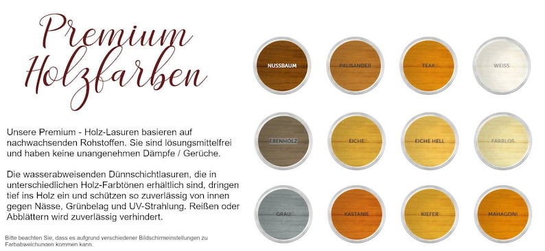 May include: A chart of wood stain colors with names in German. The colors include:  Nussbaum, Palisander, Teak, Weiss, Ebenholz, Eiche, Eiche Hell, Farblos, Grau, Kastanie, Kiefer, and Mahagoni.