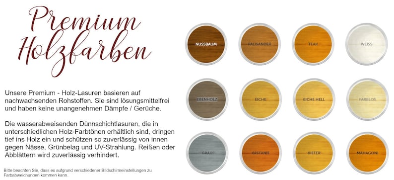 Pu&ograve; includere: Una cartella colori di tinte per legno con nomi come "Nussbaum", "Palisander", "Teak" e "Weiss". La cartella &egrave; etichettata "Premium Holzfarben".