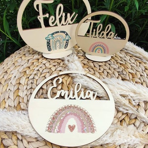 Segno di nome personalizzato, segno di porta, segno di legno, bambino per bambini, regalo, nascita, battesimo, compleanno, arcobaleno, figlioccio, decorazione della stanza dei bambini