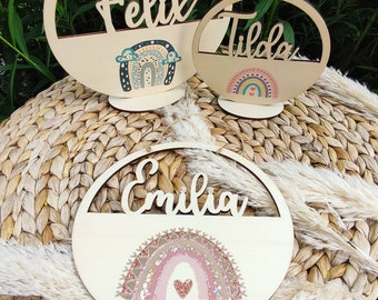 Personalized name plate, door sign, wooden sign children baby, gift birth baptism birthday, rainbow, godchild, nursery decoration