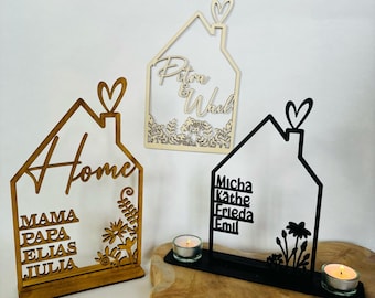 House with name, wooden house personalized with flowers / wildflowers and tea light holder