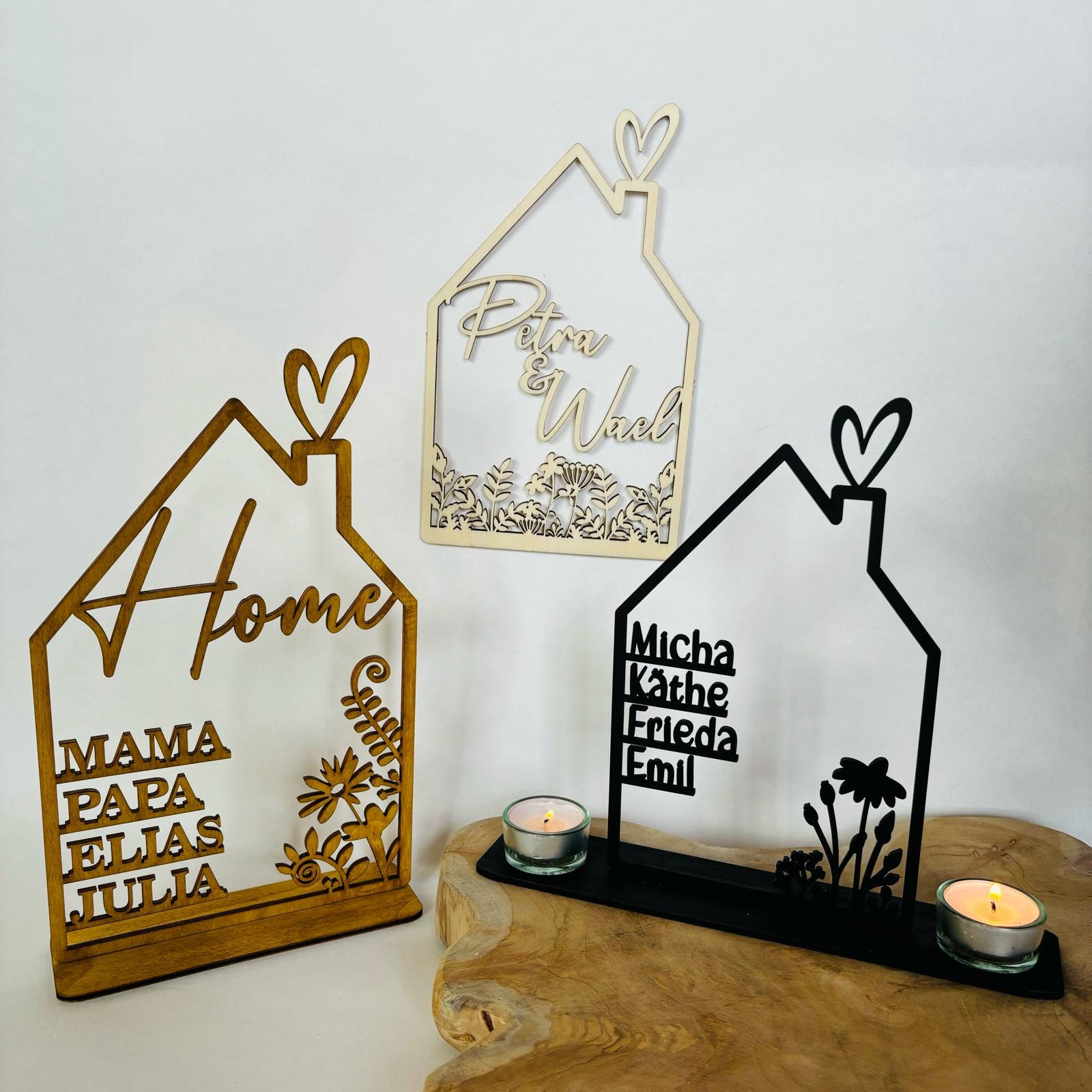 House with name, wooden house personalized with flowers / wildflowers and tea light holder