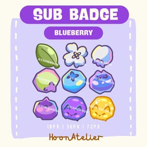 May include: A digital art graphic featuring blueberry-themed sub badges. The design includes a green leaf, a white flower, and various stylized blueberry shapes in shades of blue, purple, and yellow. Text includes "SUB BADGE" and "BLUEBERRY".