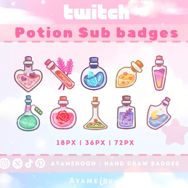 Love potion Twitch Sub Badges | Witchcraft badges | Bit Badges for YouTube subscriber badges | Kawaii Twitch badges streaming Graphics