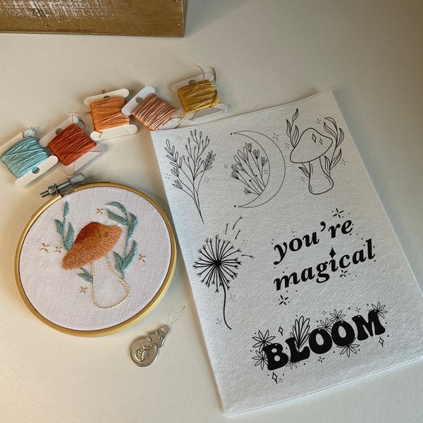 Bâton de broderie et points de suture, bricolage champignon lune fleurs magiques bloom pissenlit vêtements upcycle cadeau de noël