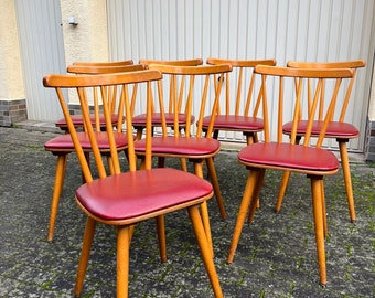 Sprossenstühle Küchenstuhle 50er 60er Jahre aus Holz mit roter Vinyl Sitzfläche Mid Century Vintage #021