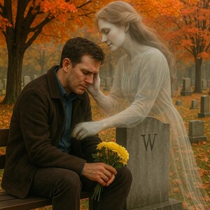 Puede incluir: Un hombre sentado en un banco en un cementerio sostiene flores amarillas. Una figura fantasmal le toca la cabeza. La escena está ambientada en otoño, con hojas naranjas y una lápida con la letra "W".