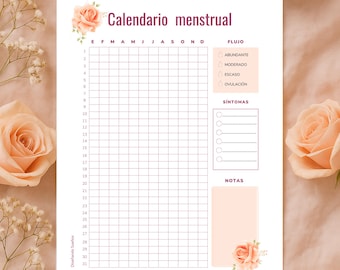 Op de afbeelding: Een printbare menstruatiecalender met een bloemenontwerp. De kalender bevat secties voor het bijhouden van de stroom, symptomen en notities. De kalender is ontworpen om vrouwen te helpen hun menstruatiecycli bij te houden.