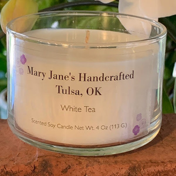 White Tea, 4 oz. net wt. hand poured soy para wax candle by Mary Jane's Handcrafted Candles