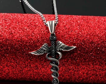 Sterling Silver Caduceus Necklace: Angel Wing Pendant, Black Zirconia