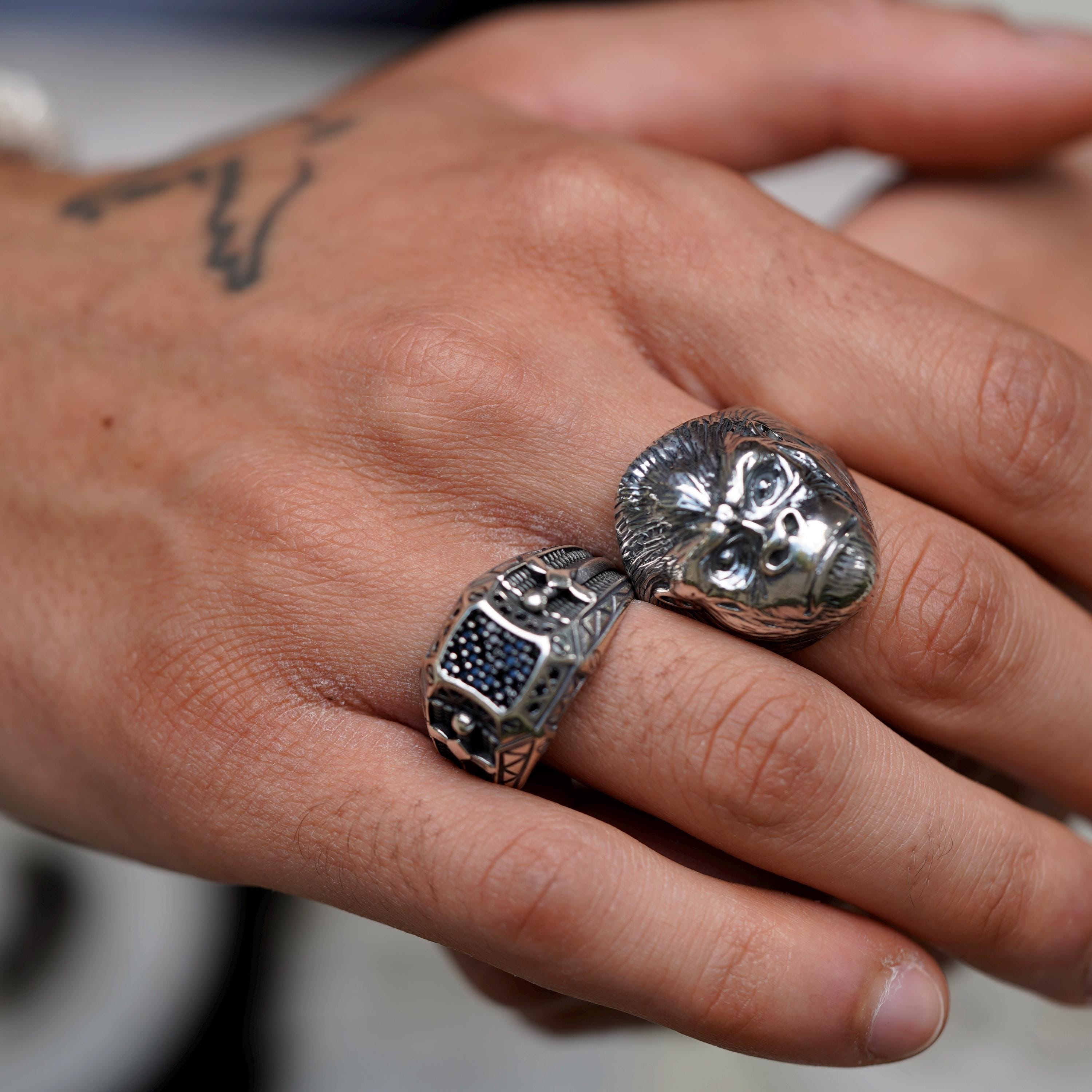 Gorilla Silver Ring, Bold Gorilla Head Ring for Men, 925 Sterling
