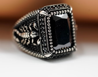 Men’s Silver Scorpion Ring, Black Onyx Silver Gift | Gothic Zodiac Scorpio | Silver Statement Ring for Him, Luxury Jewelry for Men