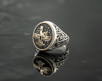 Handgemaakte sterlingzilveren Faravahar-ring: Perzische zoroastrische sieraden