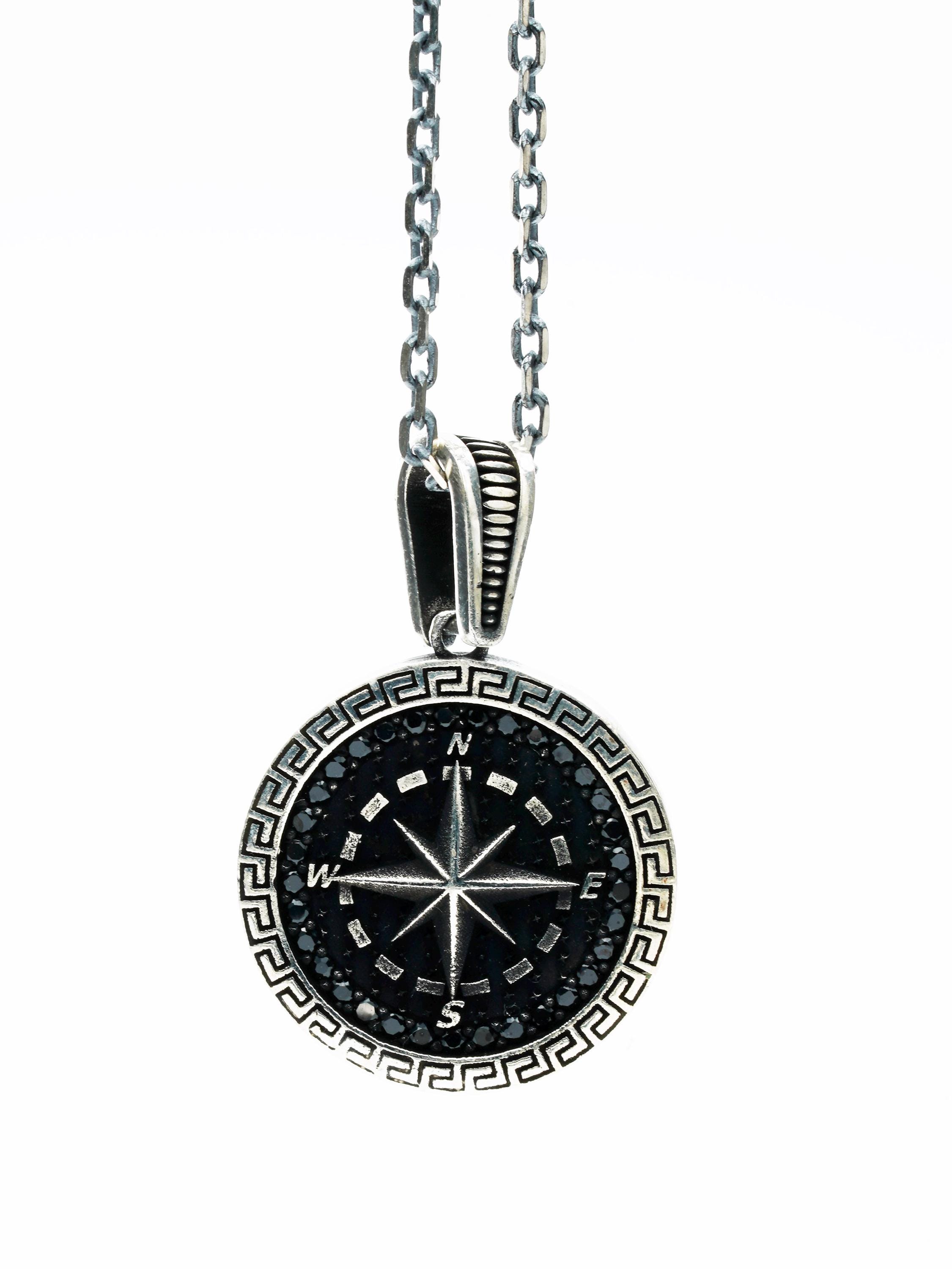 Handmade Sterling Silver Compass Necklace: Black Zirconia Nautical