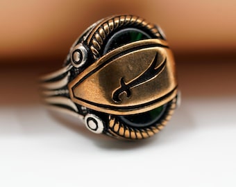 Zulfiqar Schwert Silberring für Männer, 925 Sterling Silber Islamischer Siegelring, zweifarbiger Bronze Silberring mit grünem Stein, Imam Ali Zulfikar