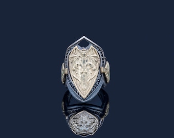 Gothic Dragon Guardian Shield Ring, Warrior Spirit Silver Ring, Adjustable Medieval Armor Jewelry, Luxury Unisex Gift, Gothic Armor Ring