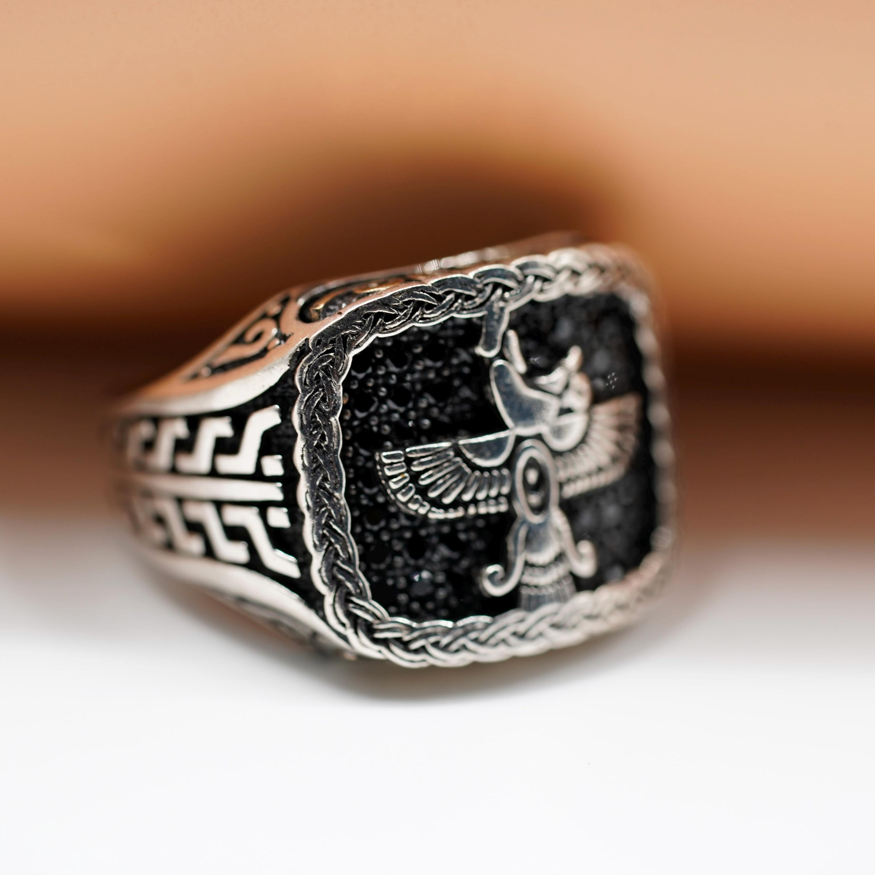 Faravahar Silver Ring, Persian Ahura Mazda Signet Ring for Men