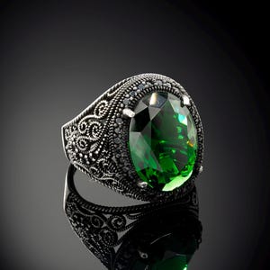 Handmade Sterling Silver Men&#39;s Ring: Green Zirconium Gemstone