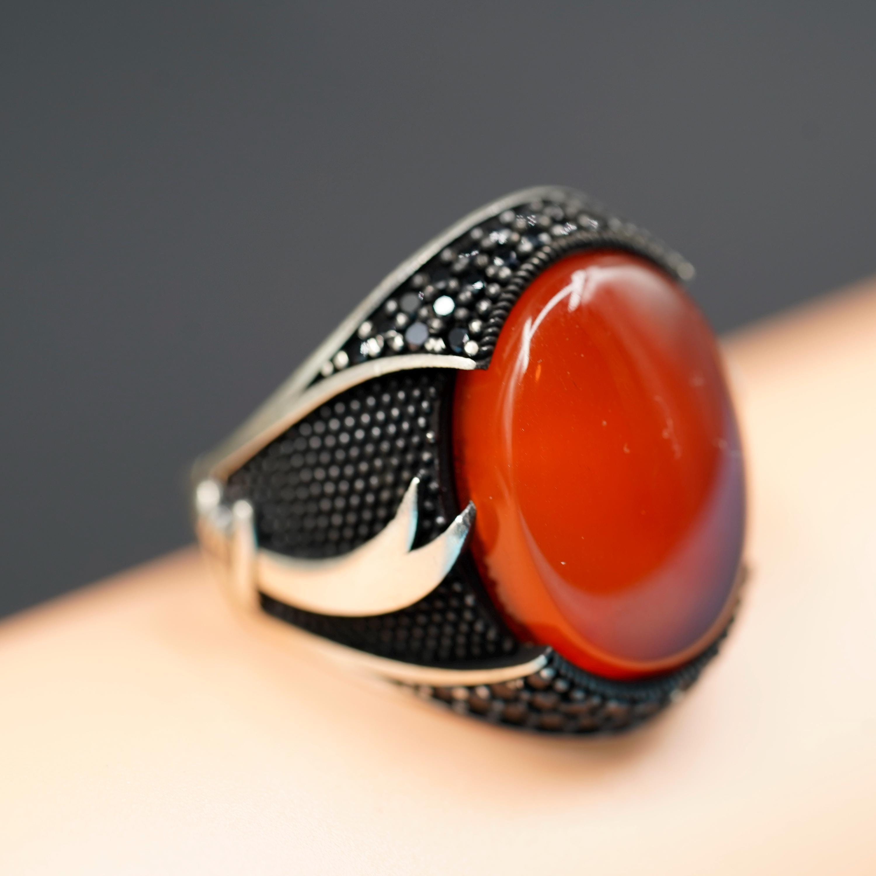 Handmade Sterling Silver Zulfiqar Ring With Red Agate Stone