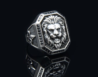 Silver Lion Head Ring - Stylish Mens Jewelry, Premium Handmade Lion Ring, Biker Accessories, Animal Inspired Gift,  Modern Lion Cool Ring