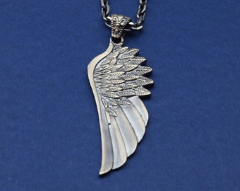 Collar de ala de ángel hecho a mano de plata de ley oxidada, colgante de ala de ángel hecho a mano, regalo para novio, colgante de ala de ángel guardián