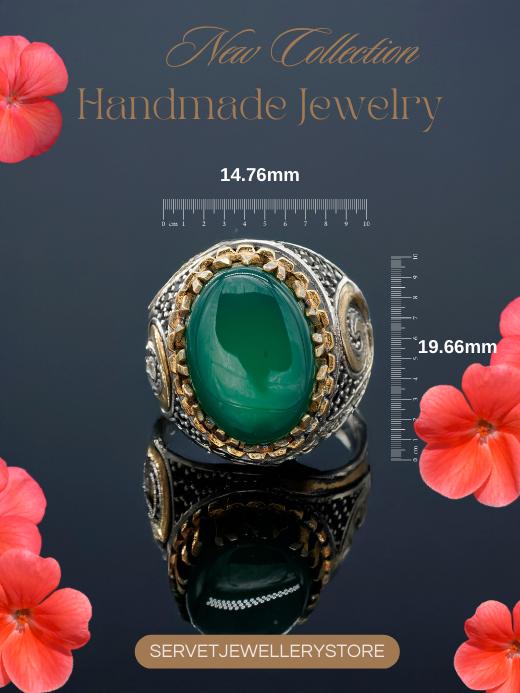 Luxury Green Agate Men's Silver Ring – Handcrafted Ottoman Style