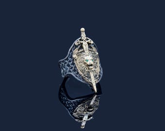 Lion Sword Shield Ring, Gothic Warrior Silver Ring, Adjustable Medieval Armor Jewelry, Luxury Unisex Handmade Gift, Lion Head Silver Ring