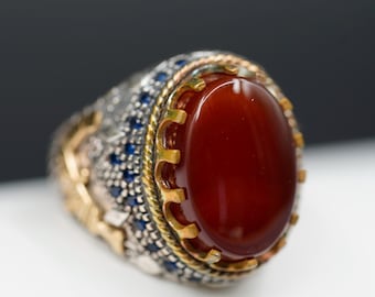 Luxury Yemeni Agate Silver Ring, Handmade Red Aqeeq Stone Ring, Ottoman Style Unisex Statement Jewelry, Gift for Him, Yemeni Aqeeq Ring