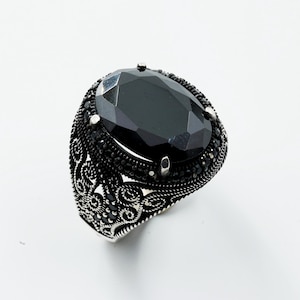Handmade Sterling Silver Men&#39;s Ring with Zircon Stone, Black Zircon Silver Ring, Luxury Ring for Men, Onyx Stone Silver Ring, Luxury Jewelry