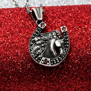 Sterling Silver Horseshoe Necklace: Red Zirconia, Lucky Horse Pendant, Animal Pendant, Lucky Jewelry, Black Friday Gifts, Unisex Pendant