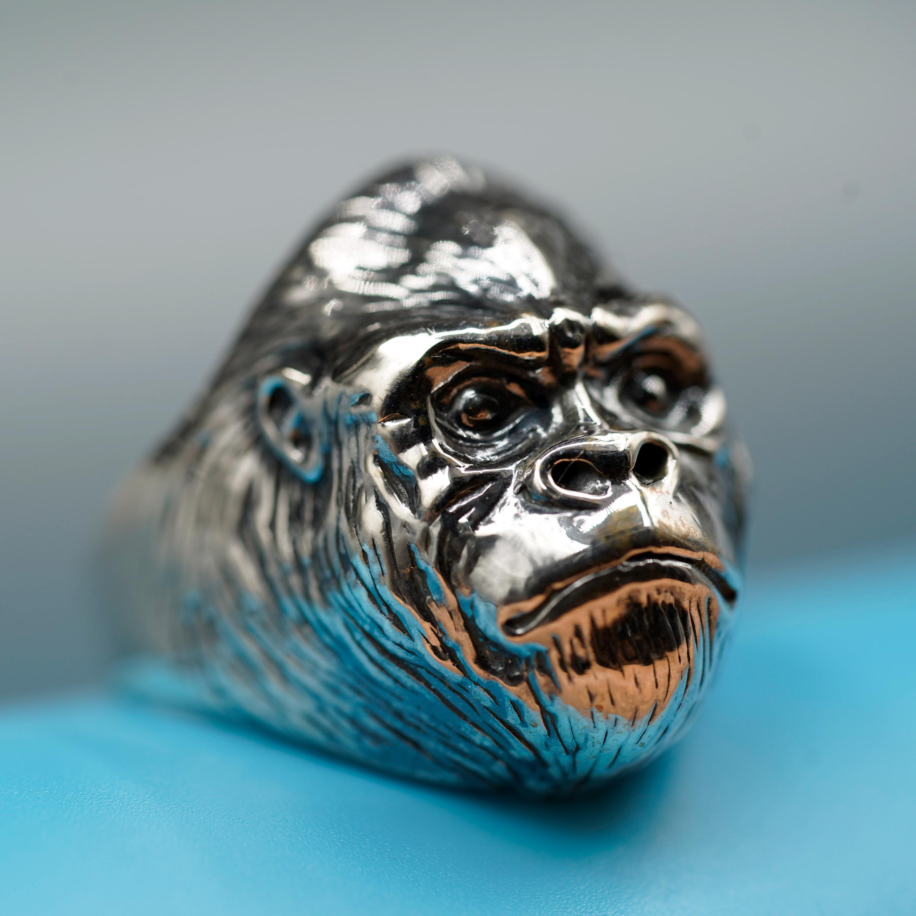 Gorilla Silver Ring, Bold Gorilla Head Ring for Men, 925 Sterling