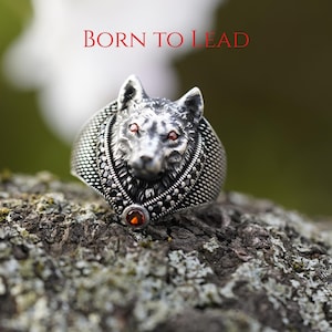 Wolf Head Ring Silver 925, Red Stone Eyes, Viking Ring for Men, Handmade Statement Ring, Gothic Jewelry, Gift for Him, Alpha Wolf Ring