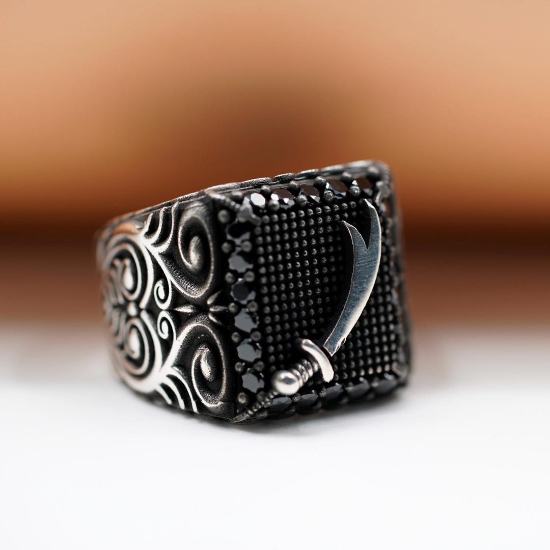 Men's Sterling Silver Zulfiqar Sword Ring – Black Stone Ottoman