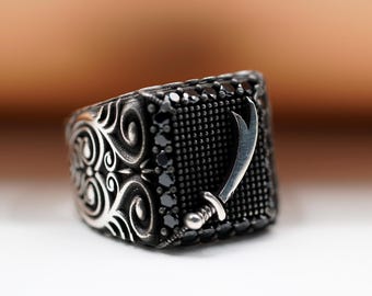 Zulfiqar-svärdring i sterlingsilver för män – Ring i ottomansk stil med svart sten, graverade islamiska smycken, oxiderad statementring, present till honom