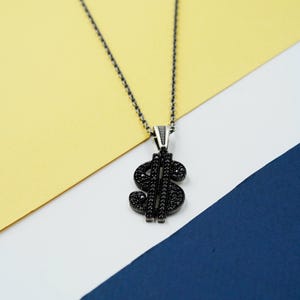 Handcrafted Silver Unisex Dollar Pendant with Black Stone, Luxury Jewelry, Rich Jewelry, Dollar Necklace, Money Jewelry, Luxury Gift for Men