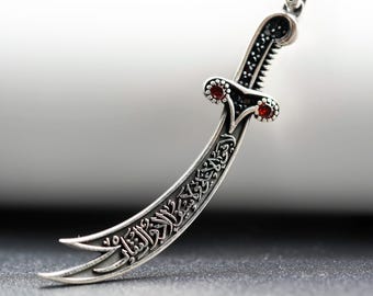 Zulfiqar Sword Silver Necklace with Red Stones – Islamic Zulfiqar Silver Pendant, Imam Ali Symbol, Sterling Silver Jewelry, Gift for Muslim