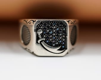 Zulfiqar-svärdring för män | Islamisk ring i sterlingsilver | Zulfikar-ring i svart sten | Handgjorda symboliska smycken för honom, Zulfikar-ring