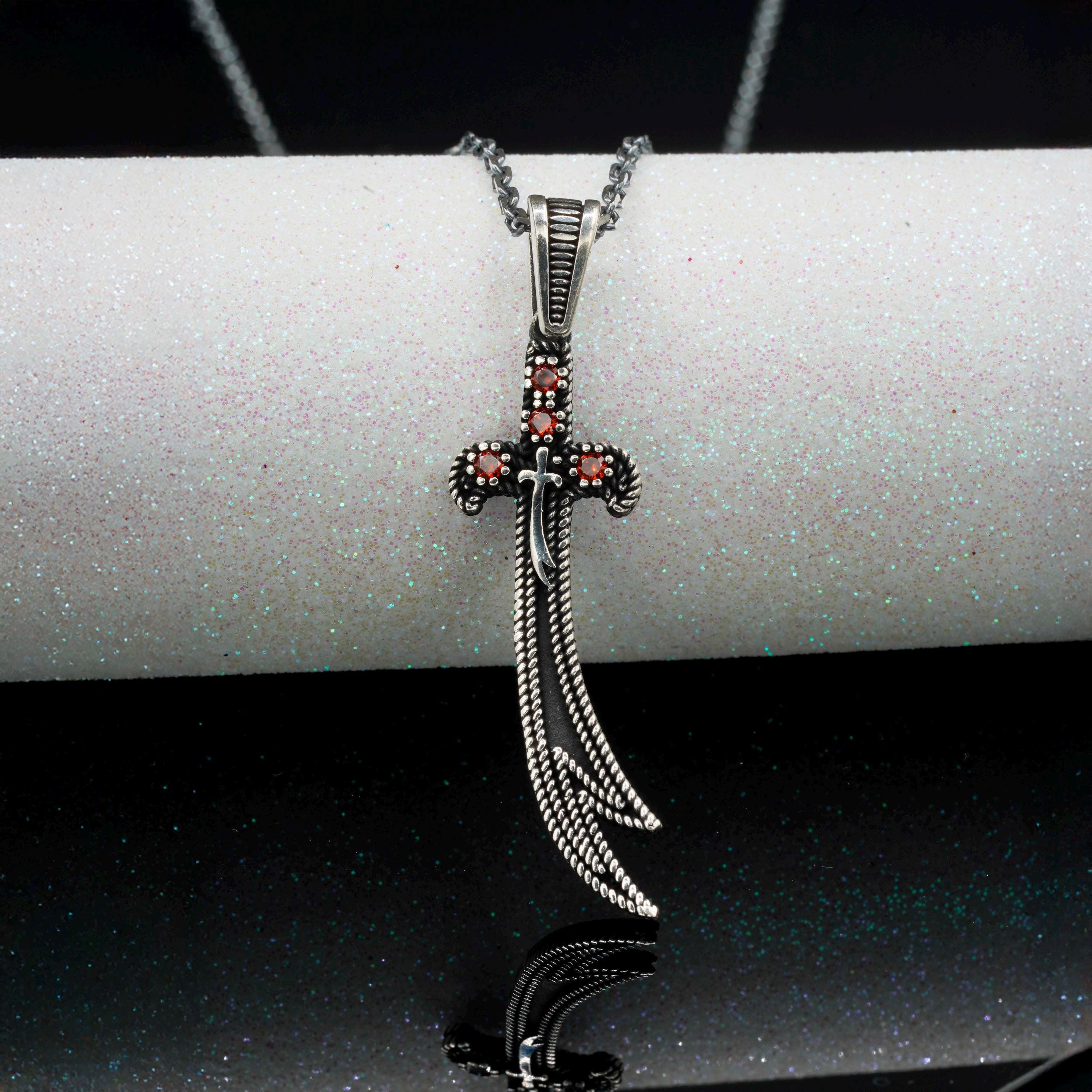Zulfiqar Sword Silver Necklace With Red Stones – Islamic Zulfiqar
